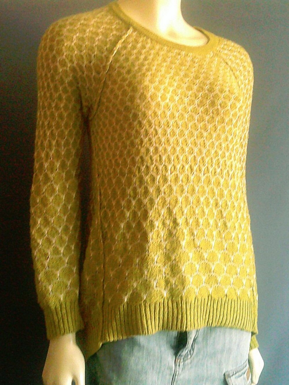 Anthropologie Moth Yellow Green Cotton Honeycomb Pattern Hi-Low Sweater Sm - Picture 2 of 8